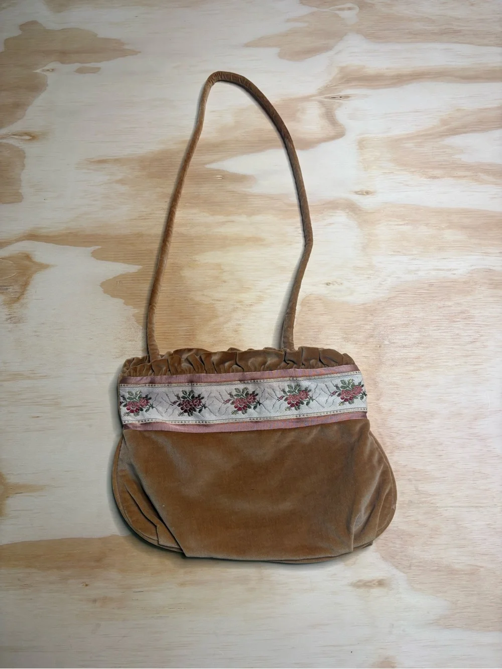 Brown Velvet Shoulder Bag with Floral Trim